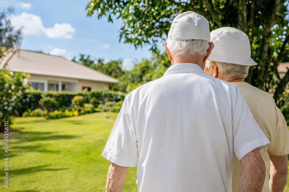 Elderly couple enjoying a peaceful walk in a lush garden residential area photography daytime close-up togetherness Elderly couple enjoying a peaceful walk in a lush garden residential area photography daytime close-up togetherness