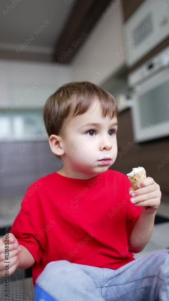 Caucasian toddler sitting on the floor enjoying sweets. Kid eats an ice-cream from the waffle cone. Vertical video. Caucasian toddler sitting on the floor enjoying sweets. Kid eats an ice-cream from the waffle cone. Vertical video.