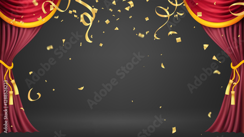 Red curtains realistic illustration.Theater fabric silk decoration for movie cinema or opera hall. Curtains and draperies interior decoration object for theater stage and new year chinese