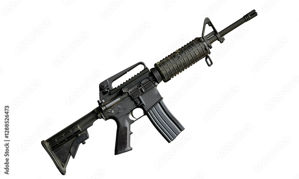 Modern Assault Rifle on white background: A detailed studio shot of a sleek, modern assault rifle, showcasing its design and functionality against a pure background, ready for action.