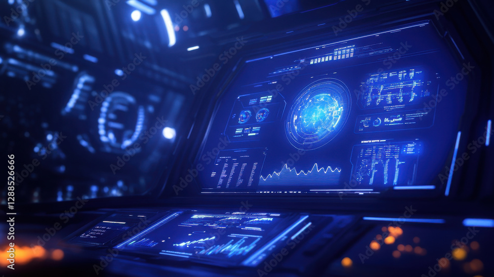 Obraz premium Futuristic workspace with holographic interface and data visualization