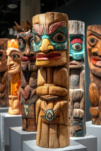 Traditional totem poles representing indigenous culture exhibited in museum photo