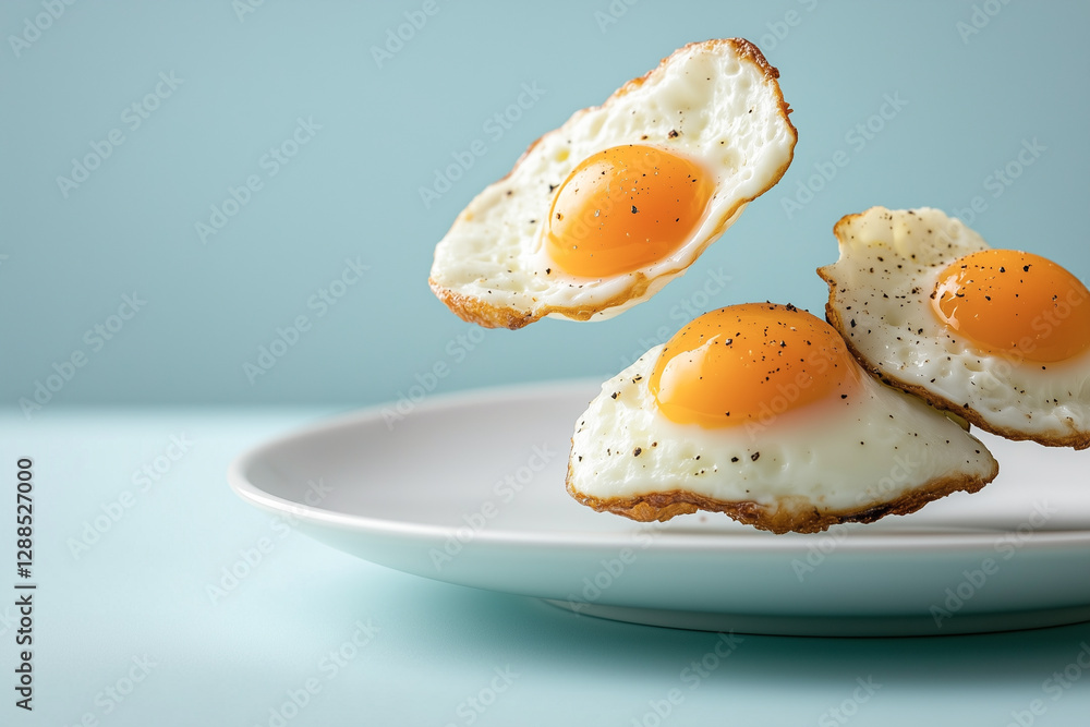Three perfectly cooked fried eggs, featuring vibrant orange yolks, appear to hover above a white plate against a soft blue background. Each egg is sprinkled with a touch of black pepper. Three perfectly cooked fried eggs, featuring vibrant orange yolks, appear to hover above a white plate against a soft blue background. Each egg is sprinkled with a touch of black pepper.