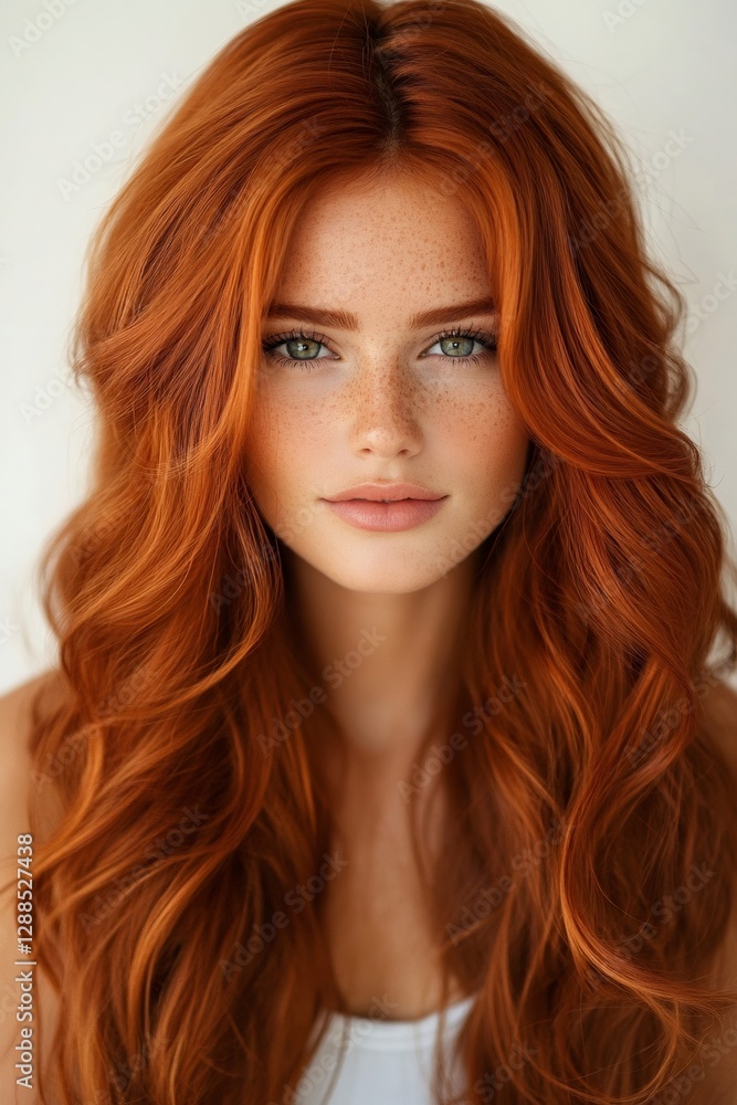 Fototapeta premium Portrait of attractive young redhead woman with freckles showing long, healthy hair