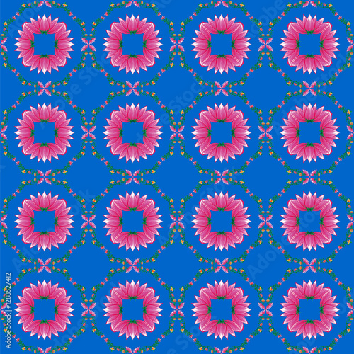 Rickshaw art style vector. A seamless floral pattern featuring pink lotus flowers. Perfect for textiles, wallpapers, invitations, packaging, and decorative projects. High-quality vector illustration.