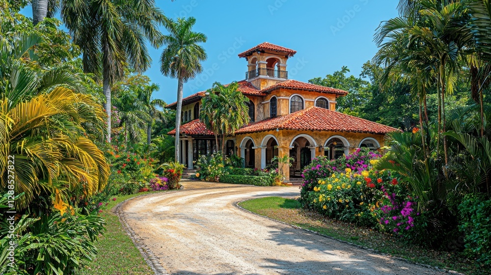 Obraz premium Italianate mansion with orange tiled roof on winding drive, lush tropical greenery