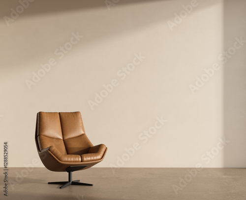 Modern minimalist interior with a tan leather swivel chair against a neutral beige wall. Soft natural lighting creates a warm, elegant, and contemporary atmosphere