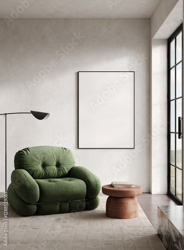 Modern classic white beige interior with large green armchair, framed picture and carpet decoration. Large modern lamp and nature view. 3D rendering illustration mockup.