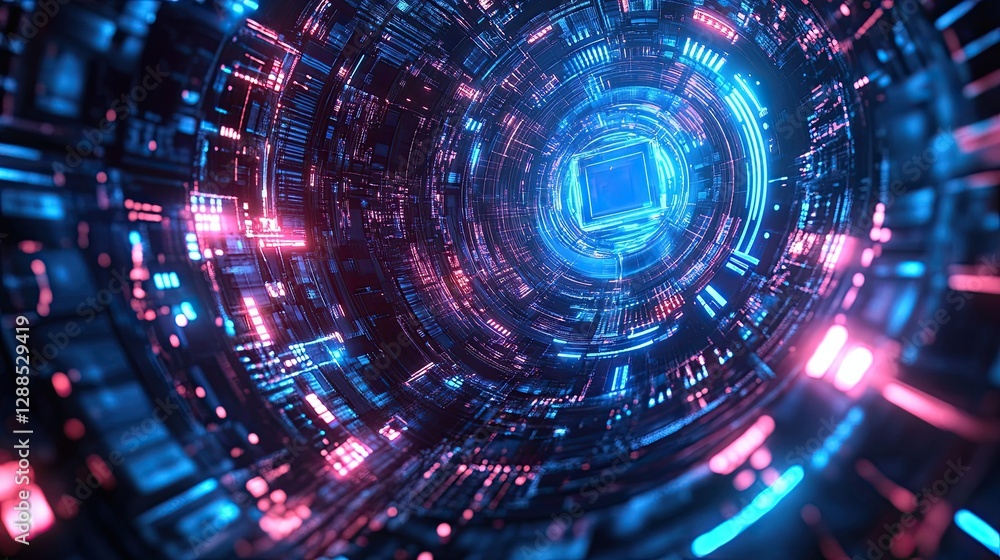 Futuristic digital tunnel with glowing blue and red circuit elements representing advanced technology Futuristic digital tunnel with glowing blue and red circuit elements representing advanced technology