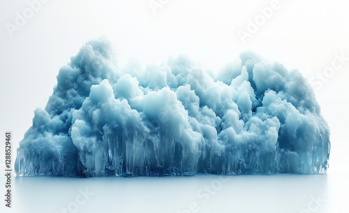 A highly detailed and ultra-realistic photograph of an ice sculpture in the shape of white clouds, isolated on a solid, stark white background with no shadows or reflections.