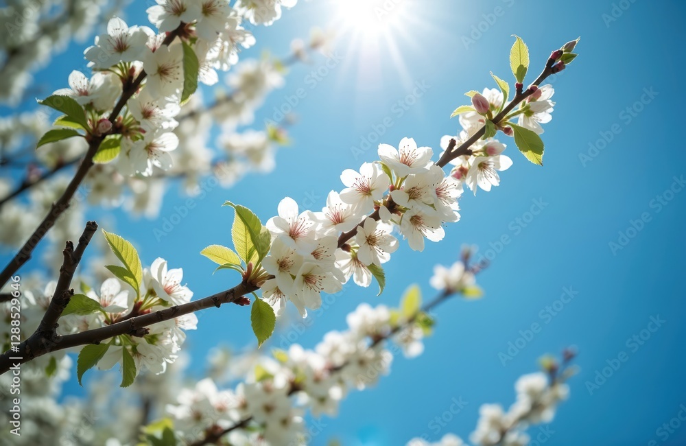 Low angle shot of blossoming cherry tree branches against blue sky. White flowers bloom during springtime sunny day. Fresh green leaves symbolize new life, hope, growth, positive changes, calmness, Low angle shot of blossoming cherry tree branches against blue sky. White flowers bloom during springtime sunny day. Fresh green leaves symbolize new life, hope, growth, positive changes, calmness,
