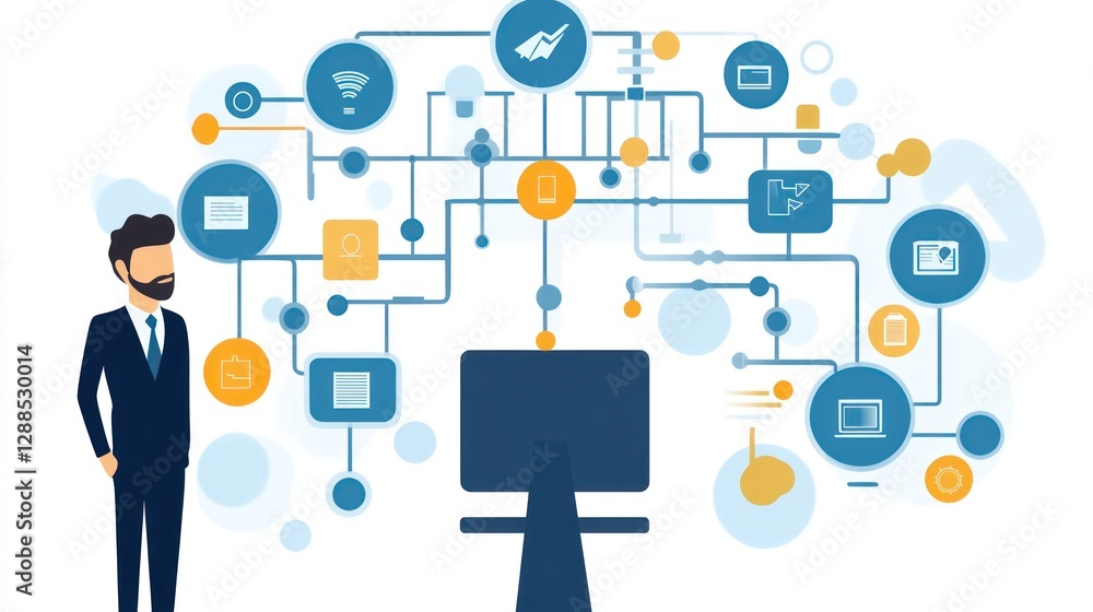 Businessman Observing Complex Network of Data and Technology Businessman Observing Complex Network of Data and Technology