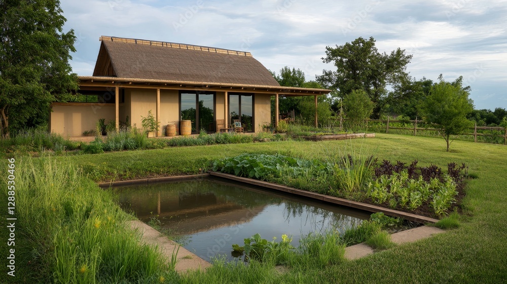 Tranquil Eco-Friendly Straw Bale House with Thatched Roof and Sustainable Features Surrounded by Organic Gardens and Pond, Photorealistic Tranquil Eco-Friendly Straw Bale House with Thatched Roof and Sustainable Features Surrounded by Organic Gardens and Pond, Photorealistic