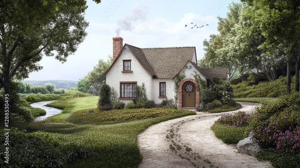 Tranquil Cob House by the Stream - Photorealistic Traditional Architecture with Carved Wooden Door, Stone Chimney, and Cozy Windows Tranquil Cob House by the Stream - Photorealistic Traditional Architecture with Carved Wooden Door, Stone Chimney, and Cozy Windows