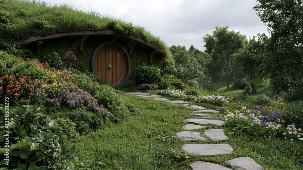 Enchanting Hobbit Earth Sheltered Straw House with Wooden Door and Stone Pathway in Lush Landscape - Photorealistic Illustration Enchanting Hobbit Earth Sheltered Straw House with Wooden Door and Stone Pathway in Lush Landscape - Photorealistic Illustration