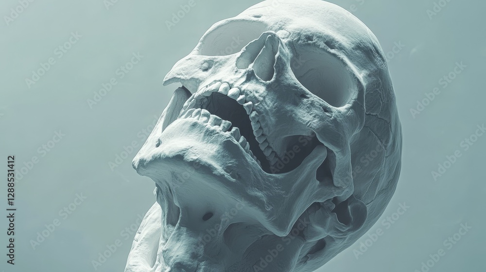 A white skull with a mouth open and a black eye