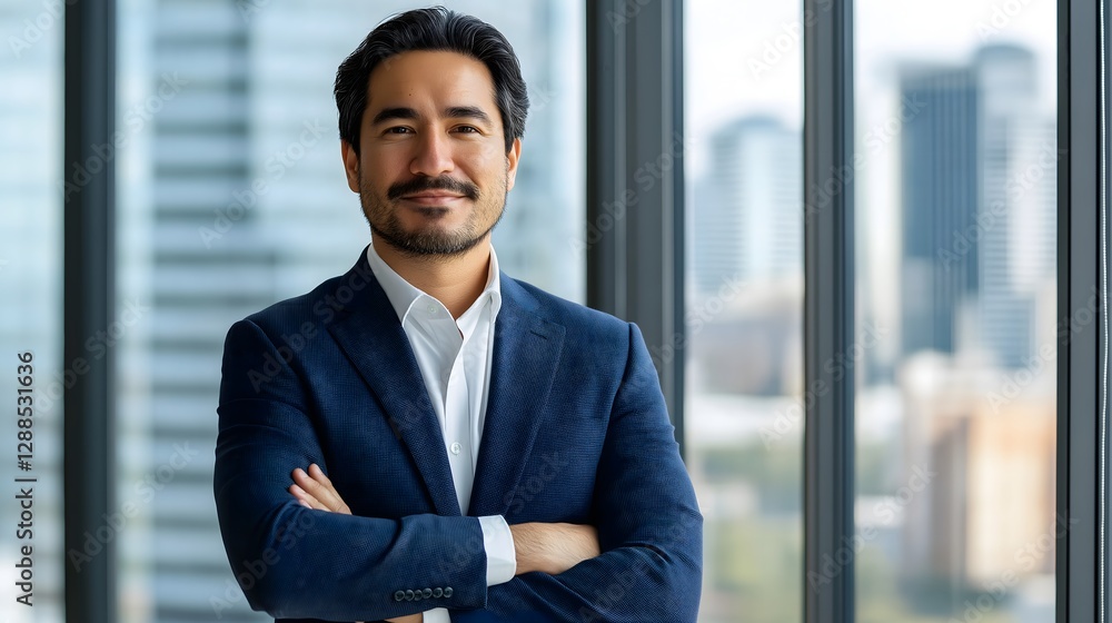 Dynamic Latin American CEO confidently standing in a modern office with a city skyline background during bright daylight Dynamic Latin American CEO confidently standing in a modern office with a city skyline background during bright daylight