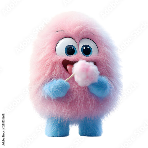 A Fluffy 3D Cartoon Character Enjoying Glowing Cotton Isolated on Transparent Background