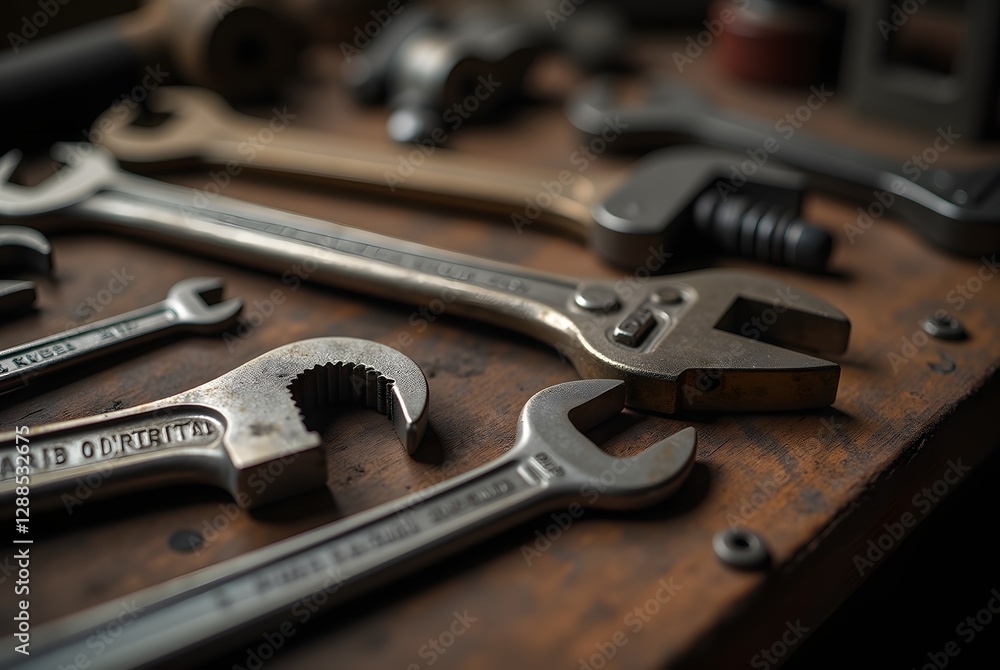 Fototapeta premium Collection of Various Wrenches and Tools on a Wooden Workbench in a Mechanical Workshop