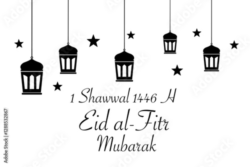 Minimalist black and white illustration featuring Islamic lanterns, stars, and crescent moon, with the text 'Eid al-Fitr Mubarak' and the Islamic calendar date 1 Shawwal 1446 H.