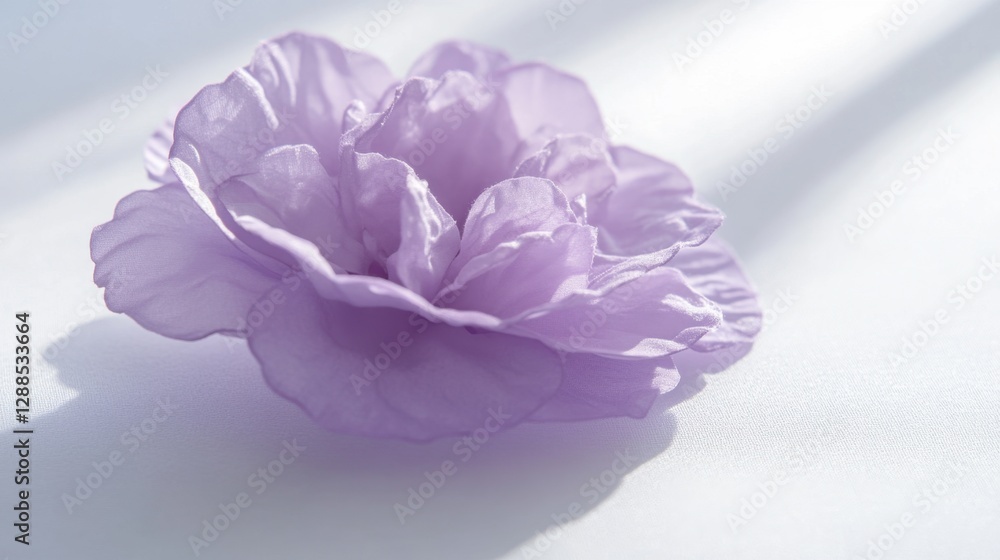 Obraz premium A graceful purple flower with a delicate, see-through quality, casting a faint shadow on a clean white surface, perfect for artistic compositions.