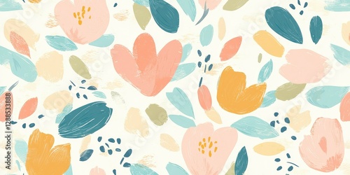 A vibrant floral pattern featuring pastel flowers and leaves, ideal for spring-themed designs or backgrounds.