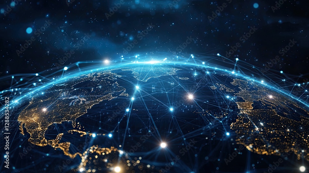 Digital globe with illuminated network connections and city lights symbolizing global communication Digital globe with illuminated network connections and city lights symbolizing global communication
