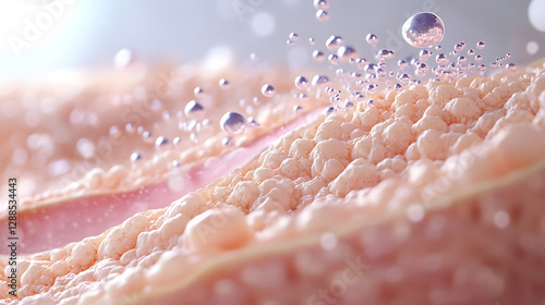 A realistic animation of a magnified cross-section of human skin, showing serum molecules being absorbed through pores and nourishing the dermis 