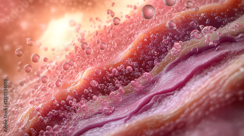 A realistic animation of a magnified cross-section of human skin, showing serum molecules being absorbed through pores and nourishing the dermis 