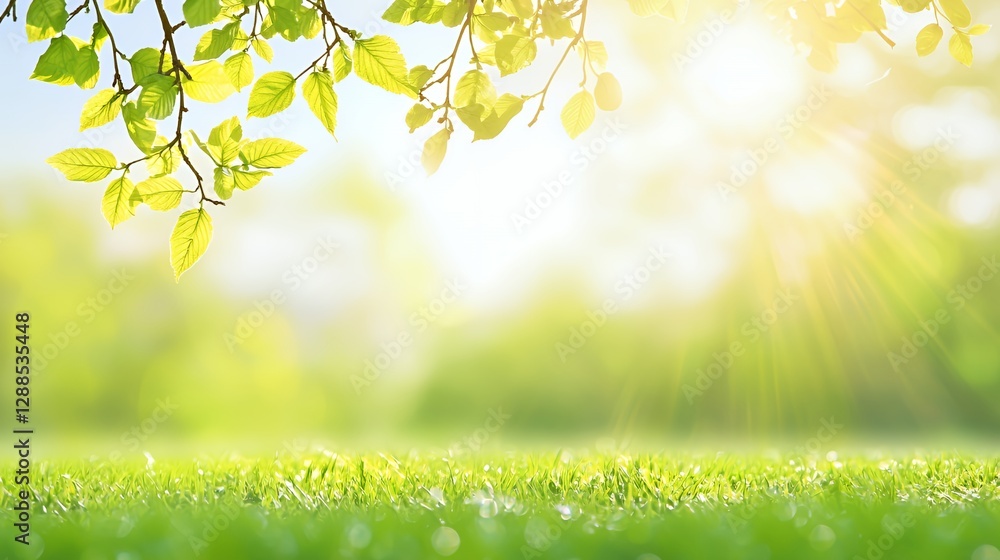 Bright Sunlight Through Green Leaves Over Lush Grassy Field Bright Sunlight Through Green Leaves Over Lush Grassy Field