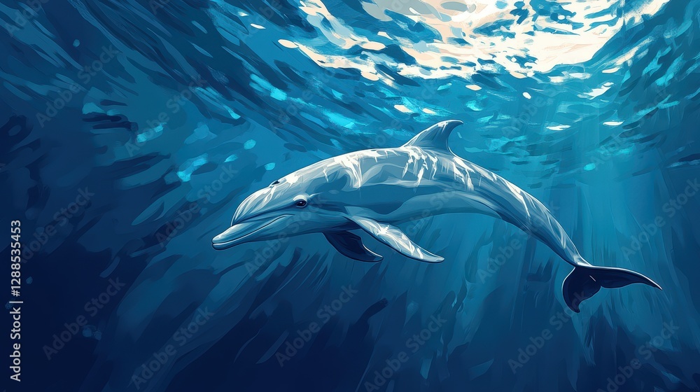 Fototapeta premium A graceful dolphin glides through shimmering sapphire waves, its head tilts playfully toward the light as it dances elegantly across the deep ocean canvas