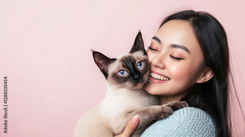 East Asian woman holding her Siamese cat East Asian woman holding her Siamese cat
