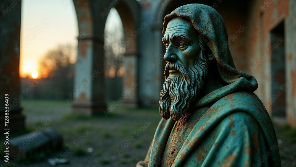 Amidst the ruins of an abandoned church, a decayed statue of a forgotten saint stands defiantly. Amidst the ruins of an abandoned church, a decayed statue of a forgotten saint stands defiantly.