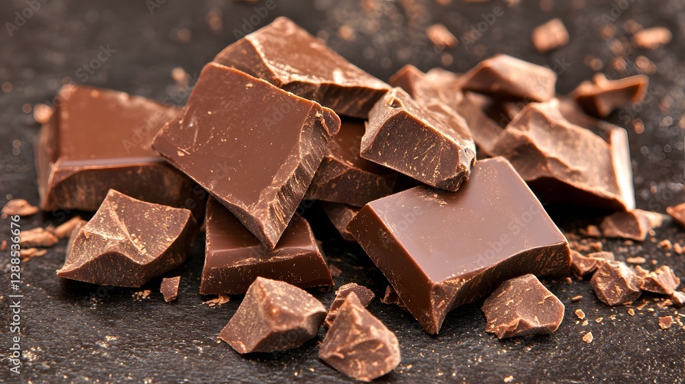 Infused Dark Chocolate Squares Broken Into Pieces on a Dark Surface with Rich Texture Infused Dark Chocolate Squares Broken Into Pieces on a Dark Surface with Rich Texture