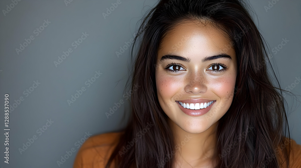 Woman smiling, portrait, studio, gray background, beauty Woman smiling, portrait, studio, gray background, beauty