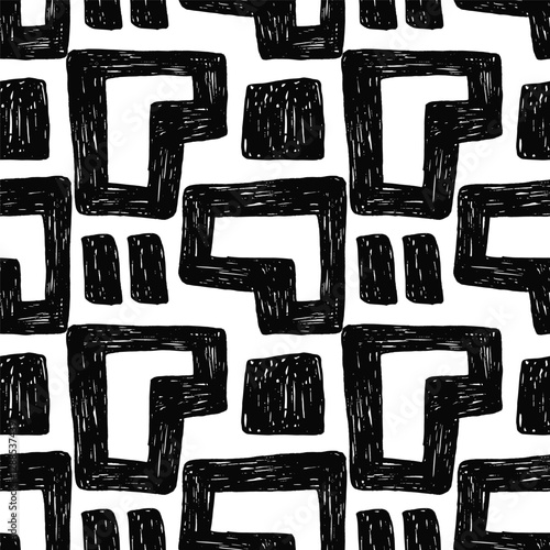 Black seamless pattern with bold groovy geometric bizarre shapes in trendy crayon drawing style. Funky bold crayon shapes pattern
