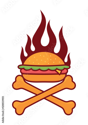 Vector illustration of a burger with flames and crossbones. Isolated on white background