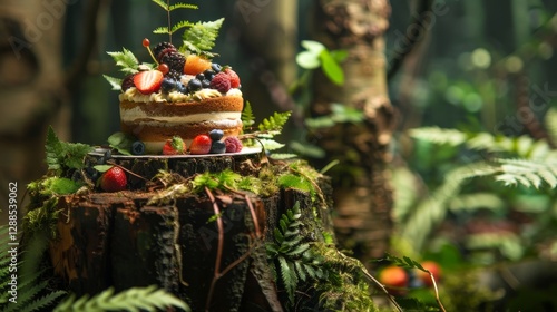 Whimsical Woodland Cake Display Amidst Lush Greenery and Nature