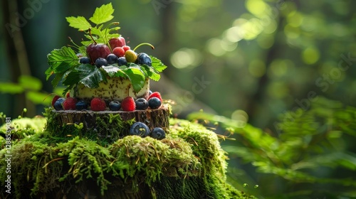 Whimsical Woodland Cake Surrounded by Lush Greenery and Berries