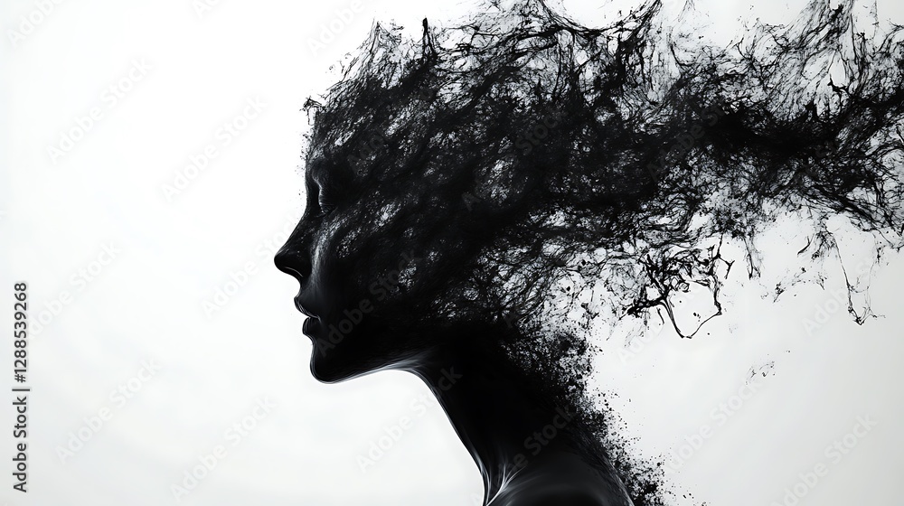 Abstract female profile, ink-like hair, studio shot, artistic, possible use print, posters, or digital art Abstract female profile, ink-like hair, studio shot, artistic, possible use print, posters, or digital art