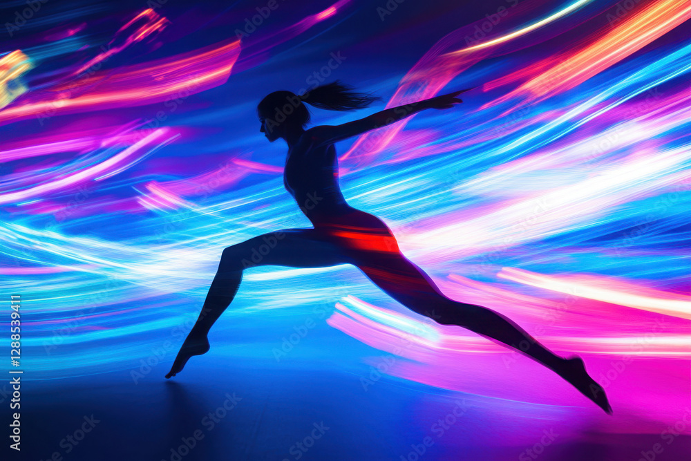 Fototapeta premium Silhouette of a female dancer leaping gracefully against a vibrant background of swirling neon lights, embodying energy and motion.
