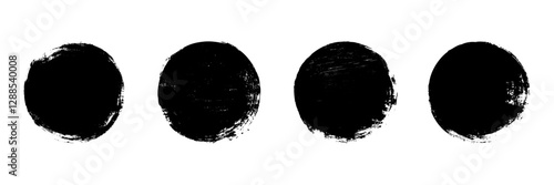 Wallpaper Mural Set of four grunge black circular spots with rough, distressed edges on a white background. Perfect for creating bold textures, abstract patterns, or adding an edgy, urban feel to creative projects. Torontodigital.ca
