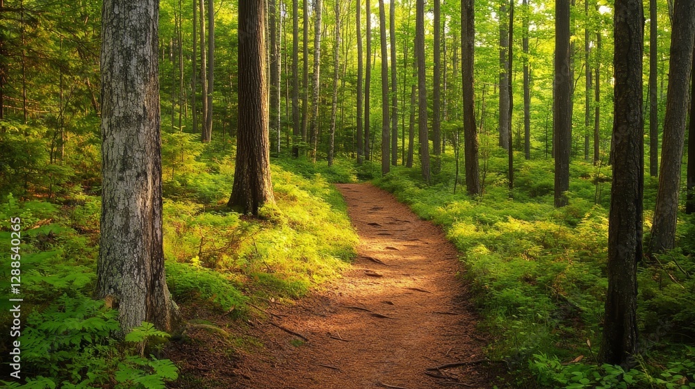 Obraz premium A scenic forest trail surrounded by lush greenery and golden light, winding through dense foliage. A peaceful escape for hikers, nature lovers, and outdoor enthusiasts, perfect for adventure