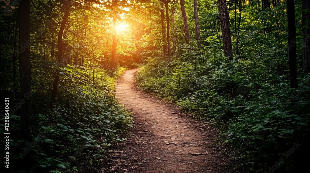 Obraz premium A scenic forest trail surrounded by lush greenery and golden light, winding through dense foliage. A peaceful escape for hikers, nature lovers, and outdoor enthusiasts, perfect for adventure