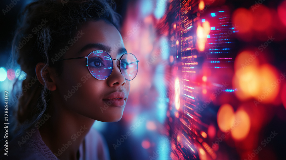 Futuristic Woman Analyzing Digital Data for World Creativity and Innovation Day Futuristic Woman Analyzing Digital Data for World Creativity and Innovation Day