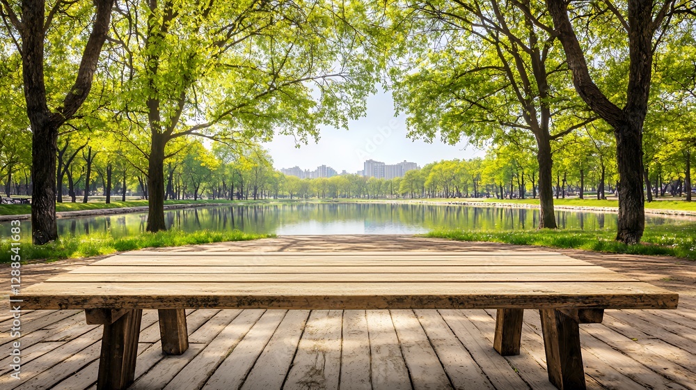 Empty Wooden Bench In A Tranquil City Park With A Lake Empty Wooden Bench In A Tranquil City Park With A Lake