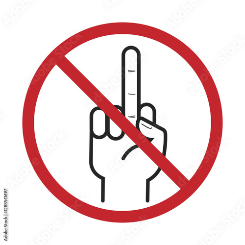 Isolated prohibition sign do not hand gesture with the middle finger raised, symbolizing defiance, insult, or strong disapproval