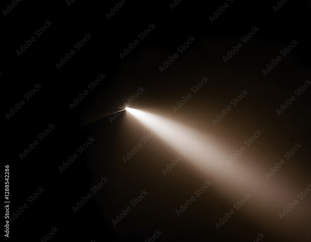 Obraz premium A single beam of light pierces deep darkness, creating a striking contrast. Soft edges fade into the void, with floating dust particles adding depth. A minimalist composition evoking mystery and hope.