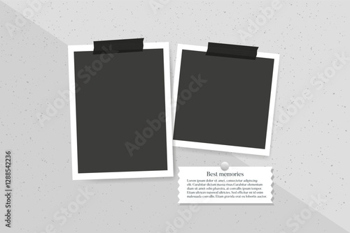 Empty instant photo frame mockup glued adhesive tape on grey wall