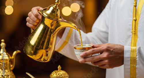 The Man hand pouring from coffee pot into a small coffee cup, with blurred background and warm ambient lighting
